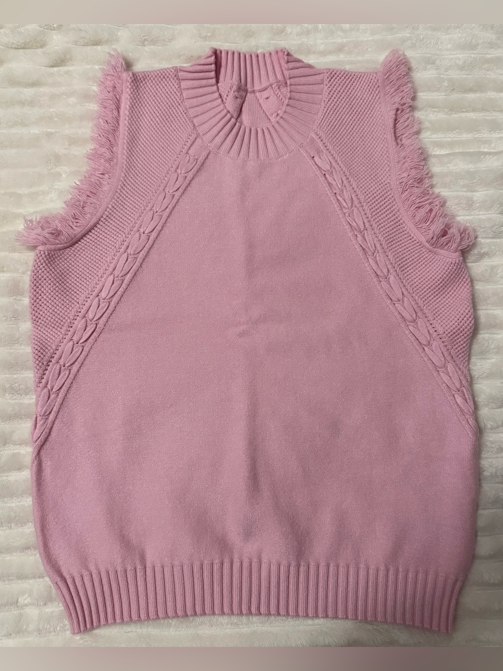 Sleeveless Pink Knit Fringe Trim Sweater